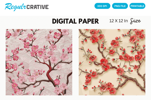 Download Cherry Blossom Embroidered Digital Paper - Premium Resources